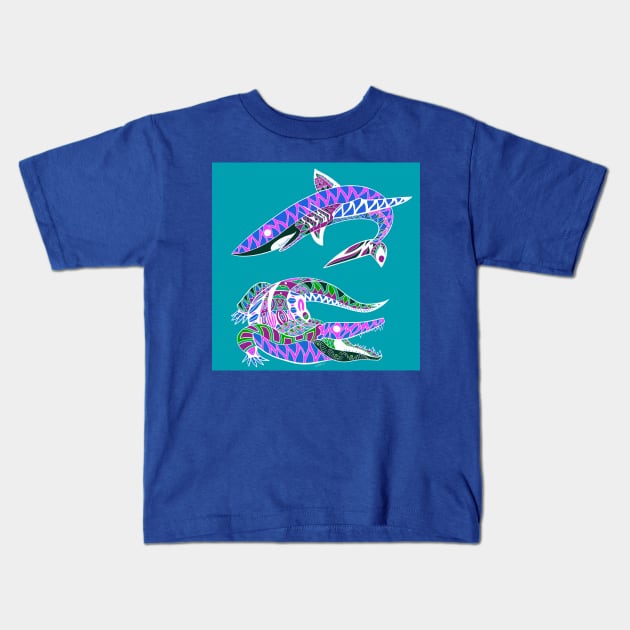 the king of the sea and the swamp the shark and the crocodile Kids T-Shirt by jorge_lebeau